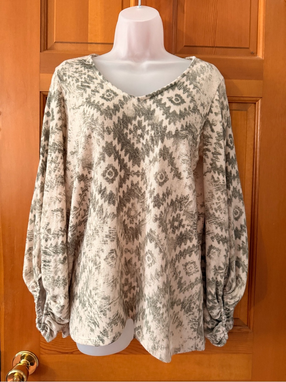 Beeson River Cream and Olive Aztec V‑Neck Sweater
